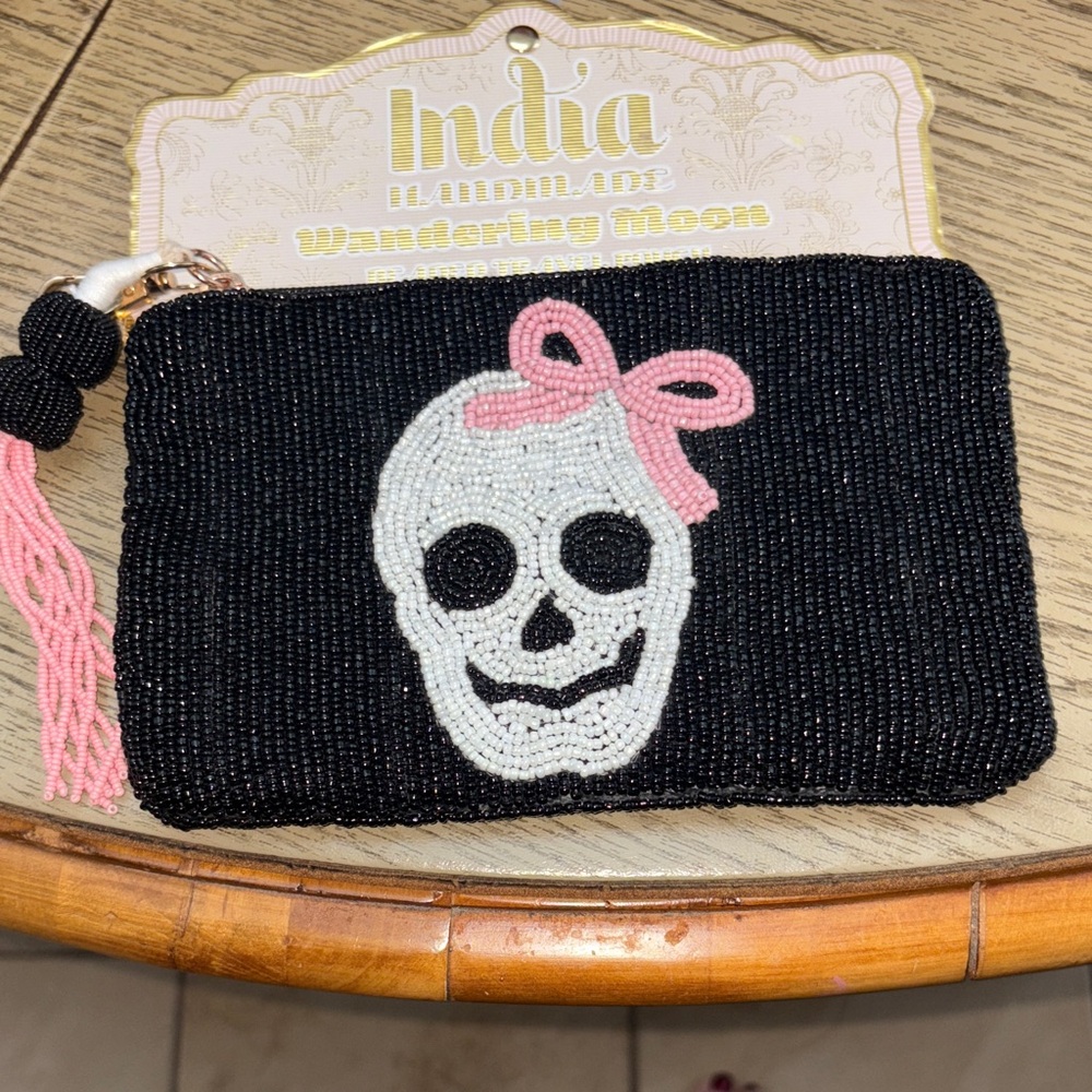 Price reduced!!Wandering Moon Beaded Skull Pouch with Pink Accent